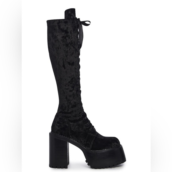 Dolls Kill Widow Black Velvet Knee High Boot Size 10 - Picture 3 of 14